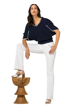 NAVY SLEEVE EFFECT FINE-KNIT PULLOVER