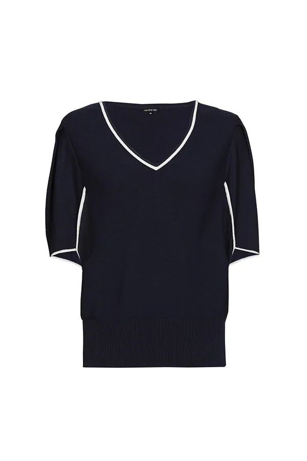 NAVY SLEEVE EFFECT FINE-KNIT PULLOVER