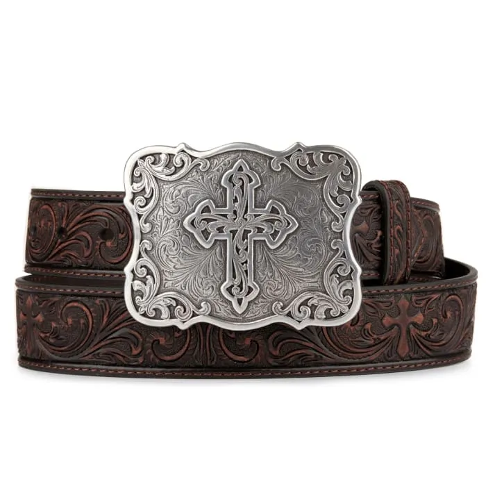 Nocona Women's Embossed Cross Buckle Brown Leather Belt
