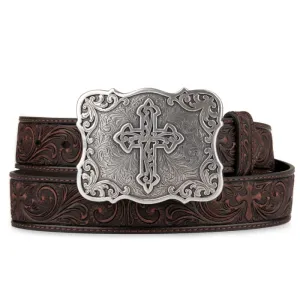 Nocona Women's Embossed Cross Buckle Brown Leather Belt