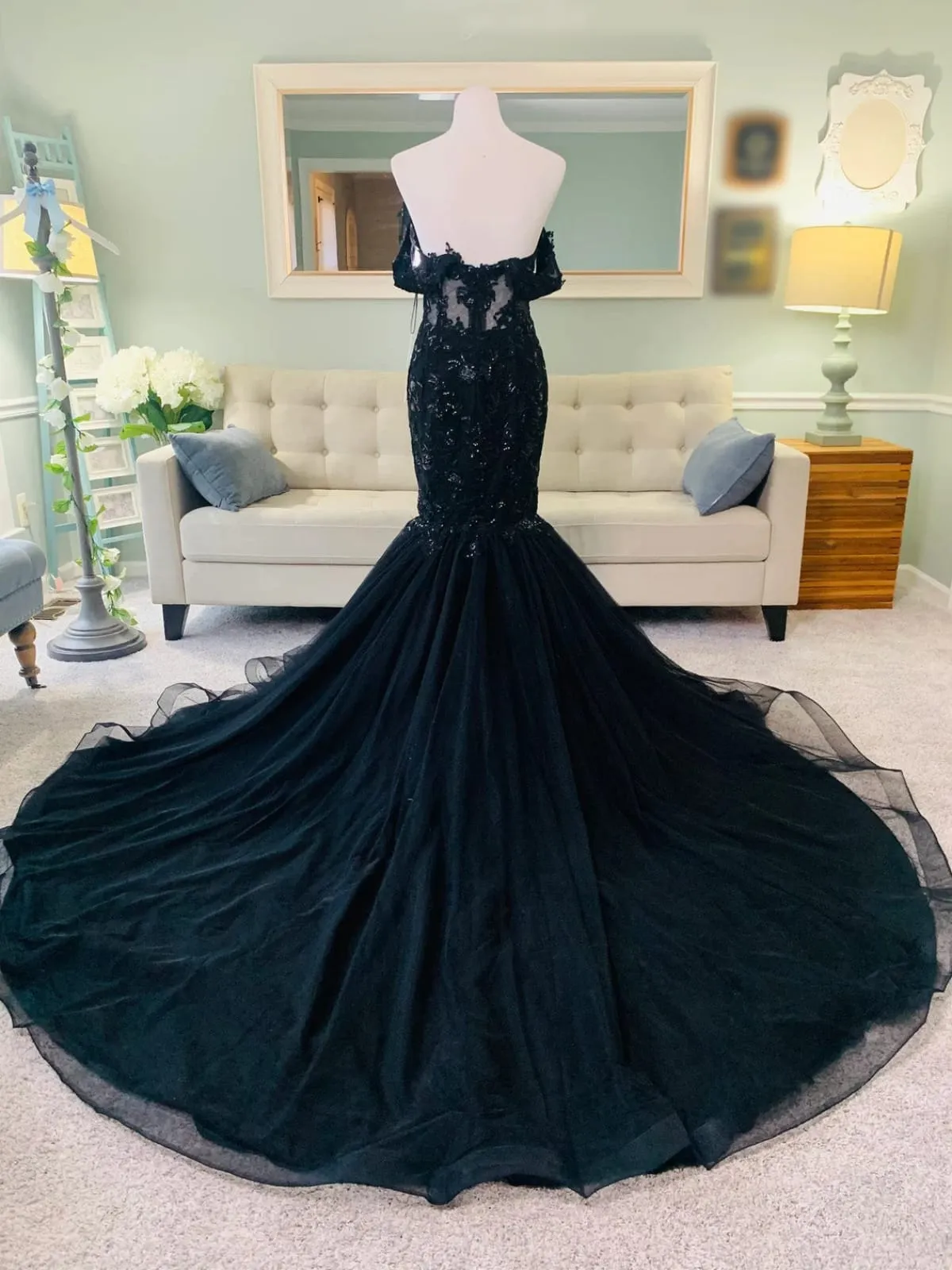 Off Shoulder Corset Black Lace Tulle Court Mermaid Wedding Dress