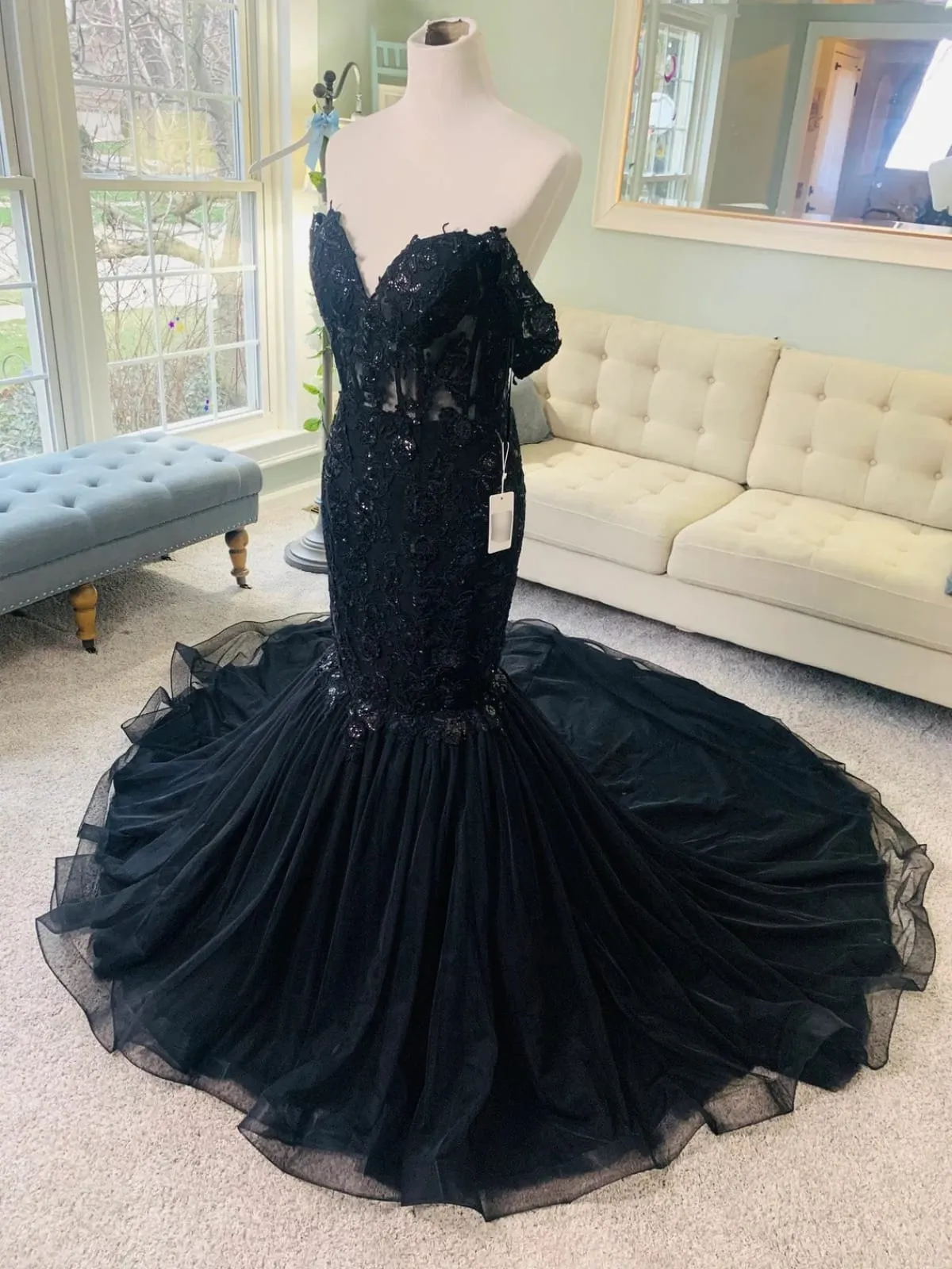 Off Shoulder Corset Black Lace Tulle Court Mermaid Wedding Dress