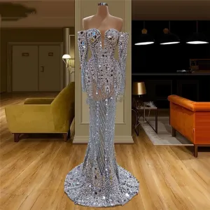 Off Shoulder Full Beaded Evening Dress