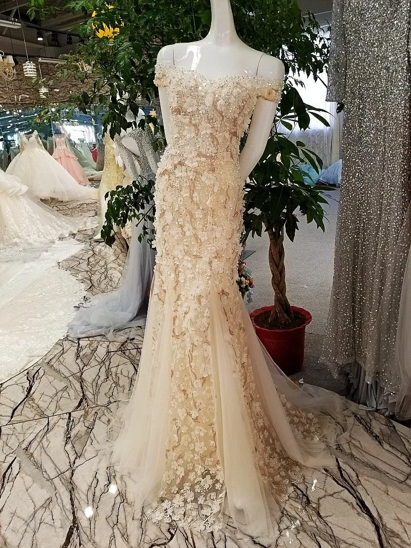 Off shoulder lace up back  Lace Evening Dress