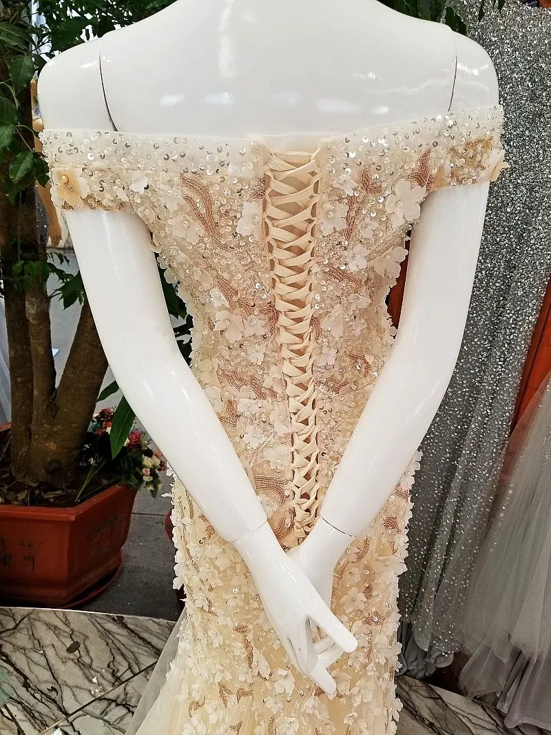 Off shoulder lace up back  Lace Evening Dress