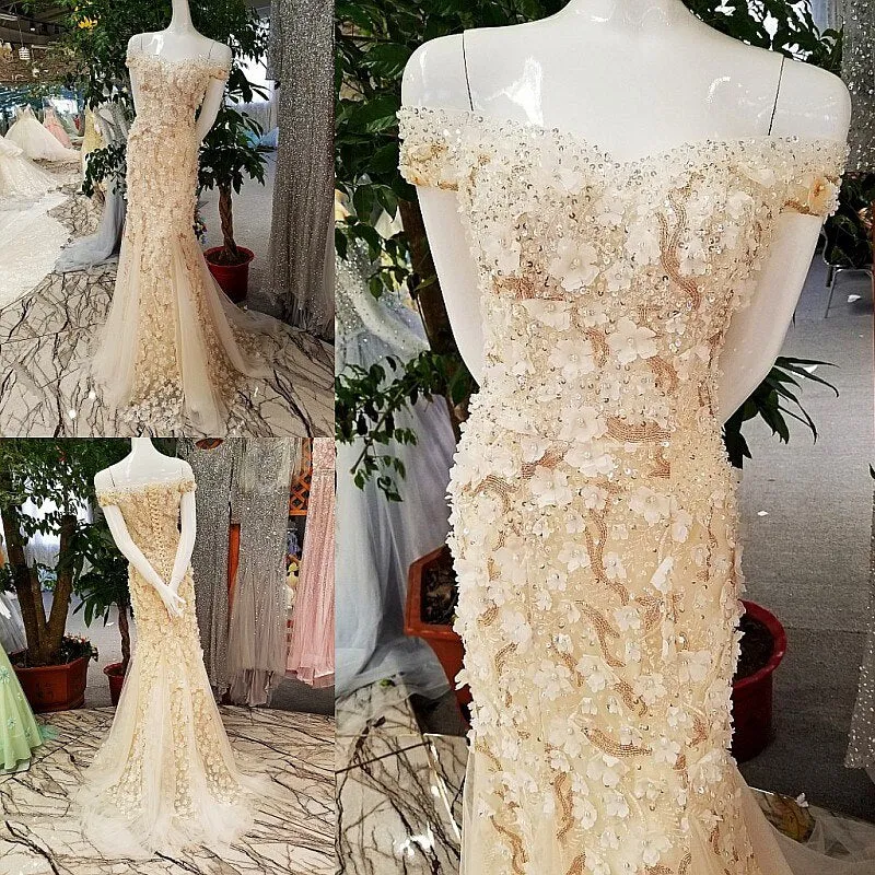 Off shoulder lace up back  Lace Evening Dress