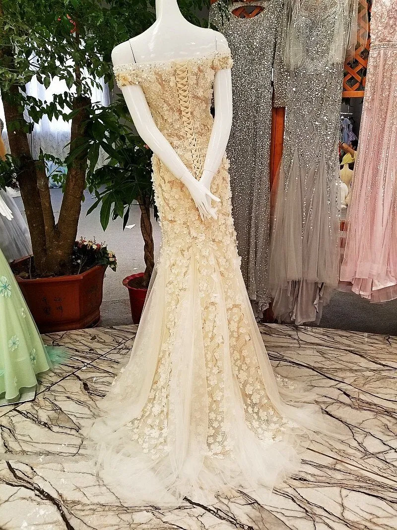 Off shoulder lace up back  Lace Evening Dress