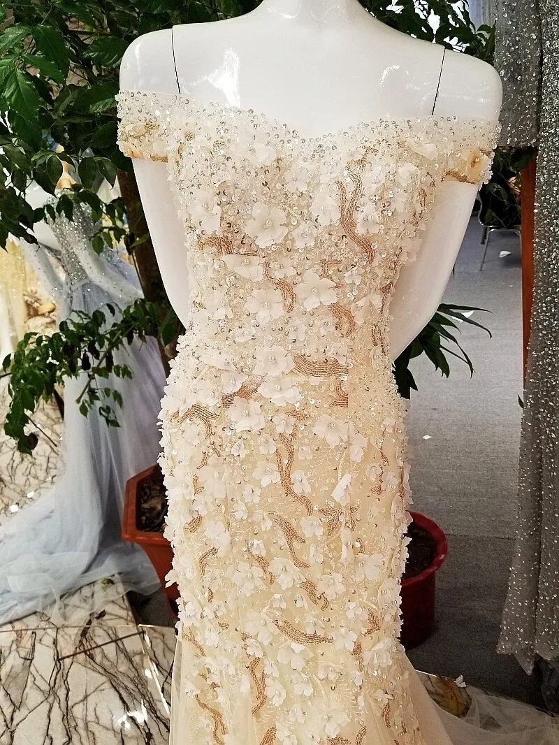 Off shoulder lace up back  Lace Evening Dress