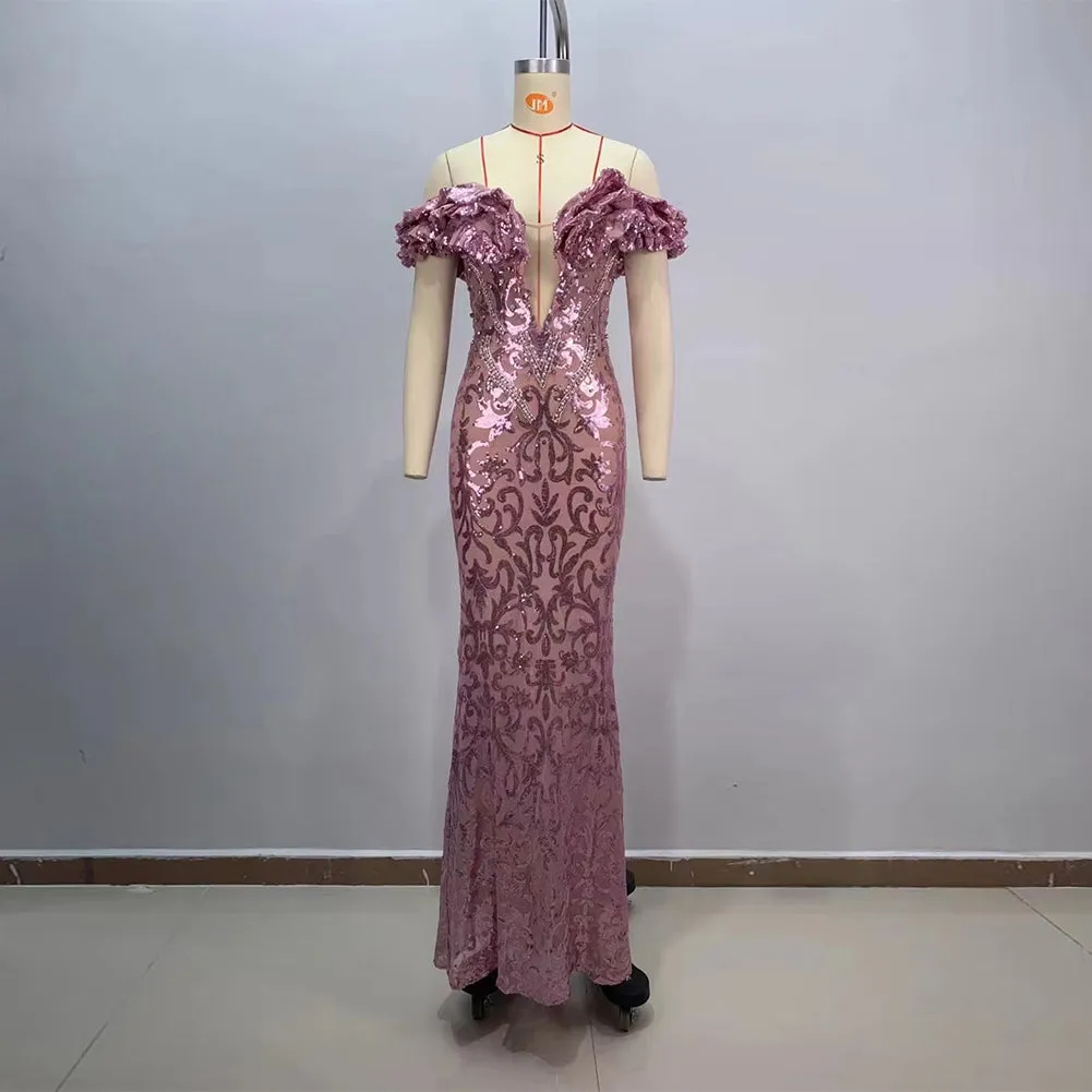 Off Shoulder Ruffle Maxi Bodycon Dress HT20580