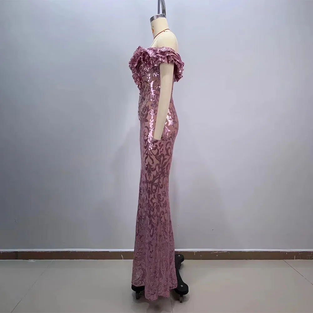 Off Shoulder Ruffle Maxi Bodycon Dress HT20580