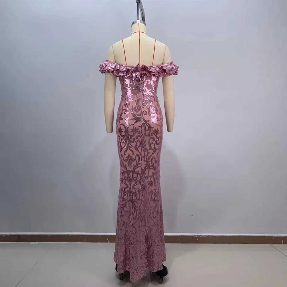 Off Shoulder Ruffle Maxi Bodycon Dress HT20580
