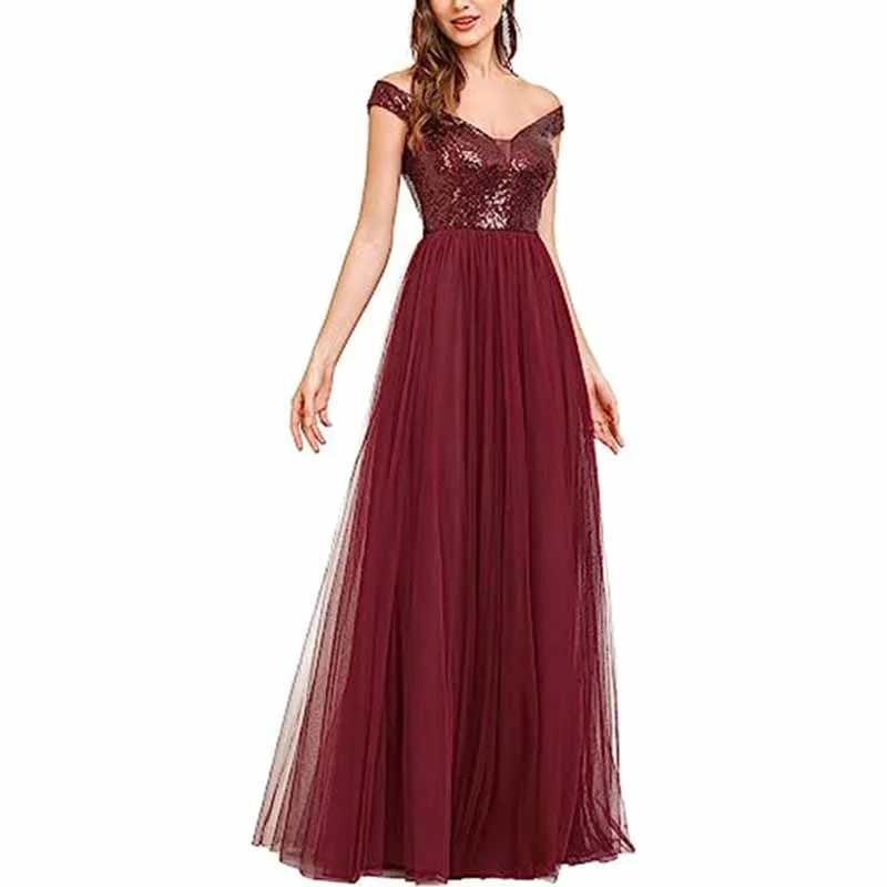 Off The Shoulder Bridesmaid Dress with Sequined Top High Waisted Long Prom Dress