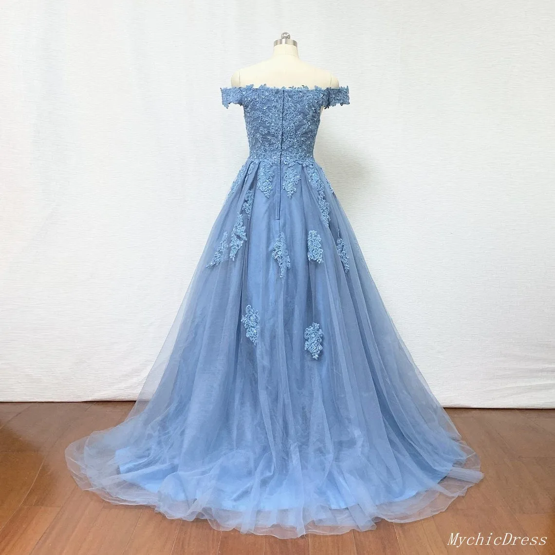 Off the Shoulder Lace Prom Dresses A Line Beaded Blue Evening Dresses