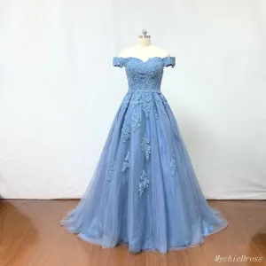 Off the Shoulder Lace Prom Dresses A Line Beaded Blue Evening Dresses
