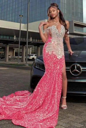 Off the shoulder Silver Beaded Pink Mermaid Court Train Prom Dresses