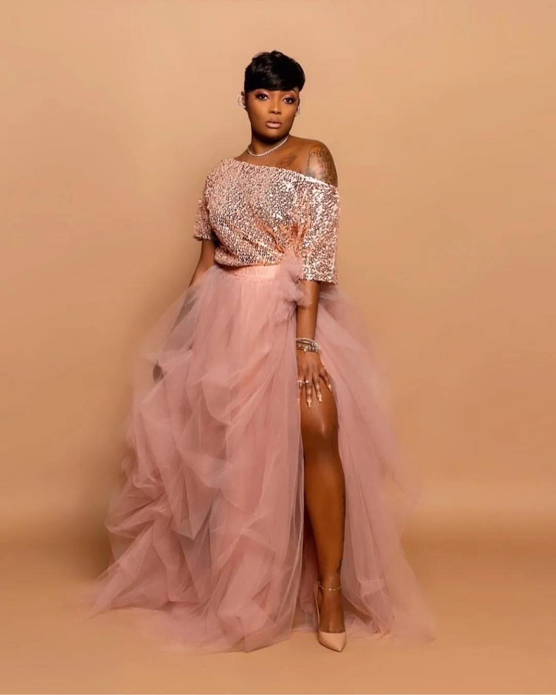 Oyemwen Sequined High Slit Maxi Tutu Skirt Set in Mauve