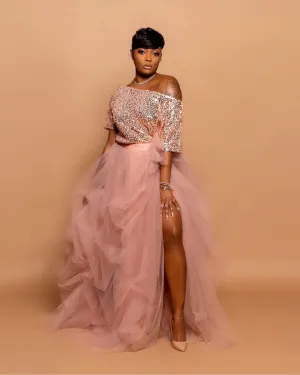 Oyemwen Sequined High Slit Maxi Tutu Skirt Set in Mauve