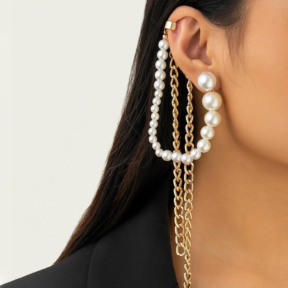Pearl & 18K Gold-Plated Chain-Tassel Ear Cuffs