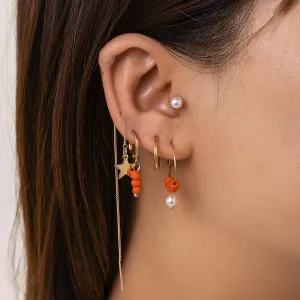 Pearl & Arylic 18K Gold-Plated Star Earrings Set