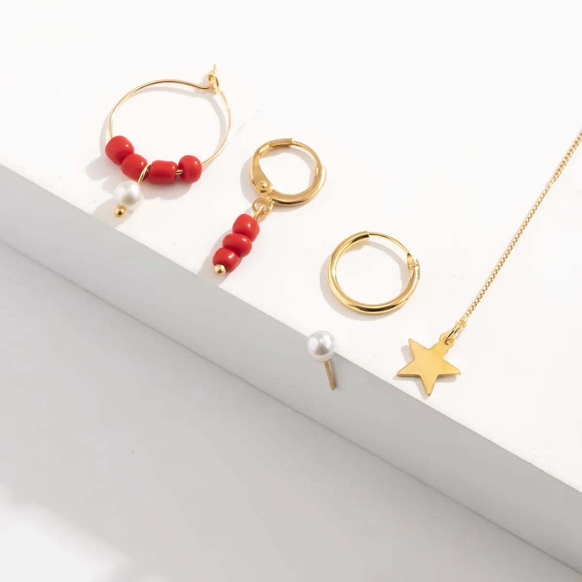 Pearl & Arylic 18K Gold-Plated Star Earrings Set