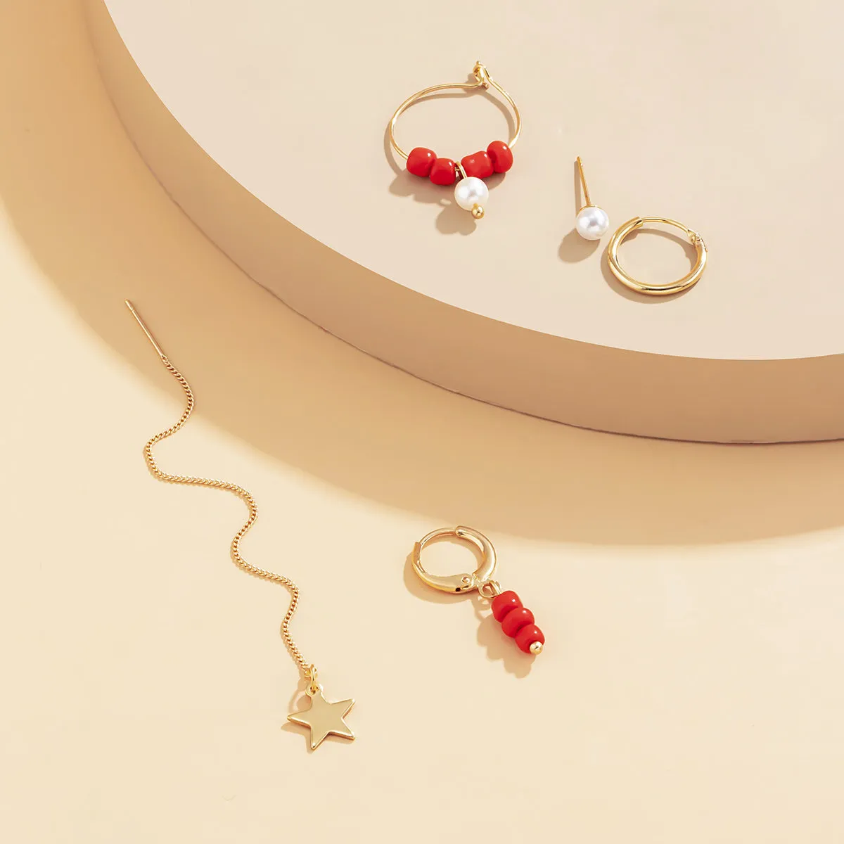Pearl & Arylic 18K Gold-Plated Star Earrings Set