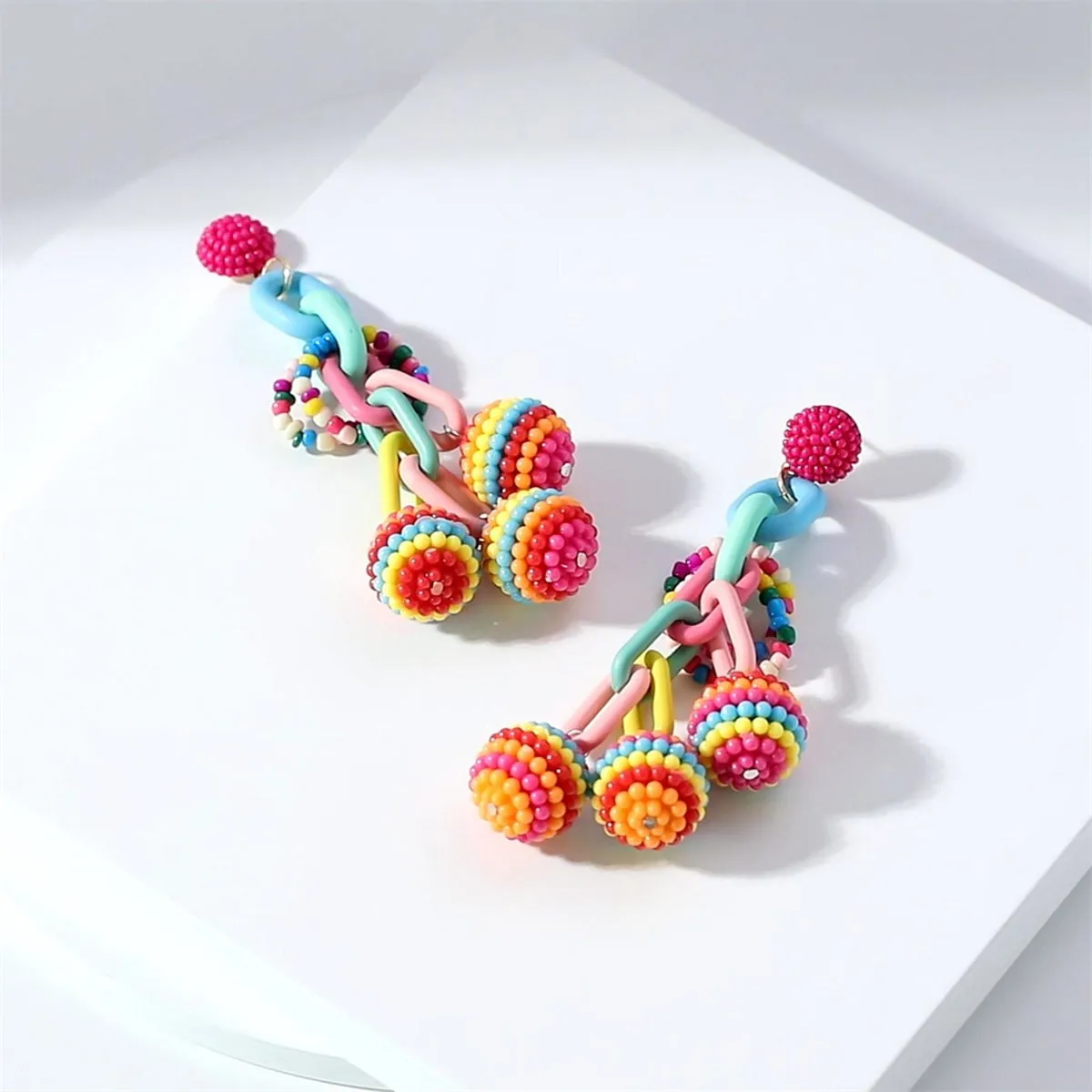 Pink & Blue Howlite Cable-Chain Ball Drop Earrings