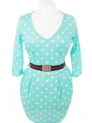 Plus Size Polka Dot Belted Pleated Mint Dress