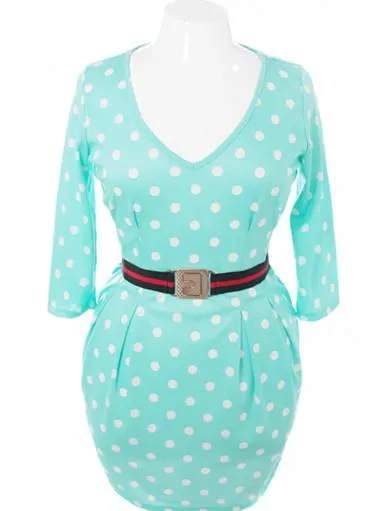 Plus Size Polka Dot Belted Pleated Mint Dress