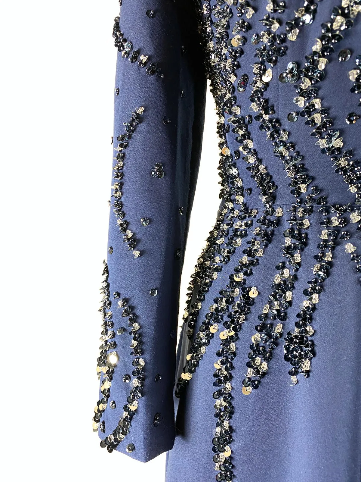 POWDER • Navy Beaded Gown with Feather Shoulders