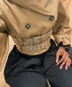 Punk style belted hooded women's short coat