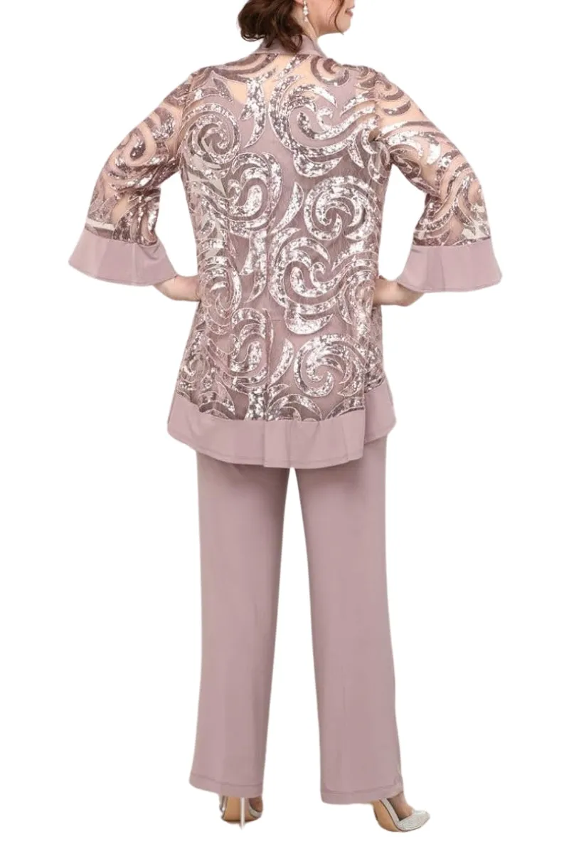 R&M Richards Scoop Neckline Top Sequin Jacket Straight Hemline Pant Suit Set Dress with Detachable Necklace