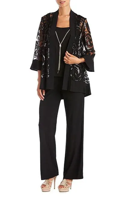 R&M Richards Scoop Neckline Top Sequin Jacket Straight Hemline Pant Suit Set Dress with Detachable Necklace