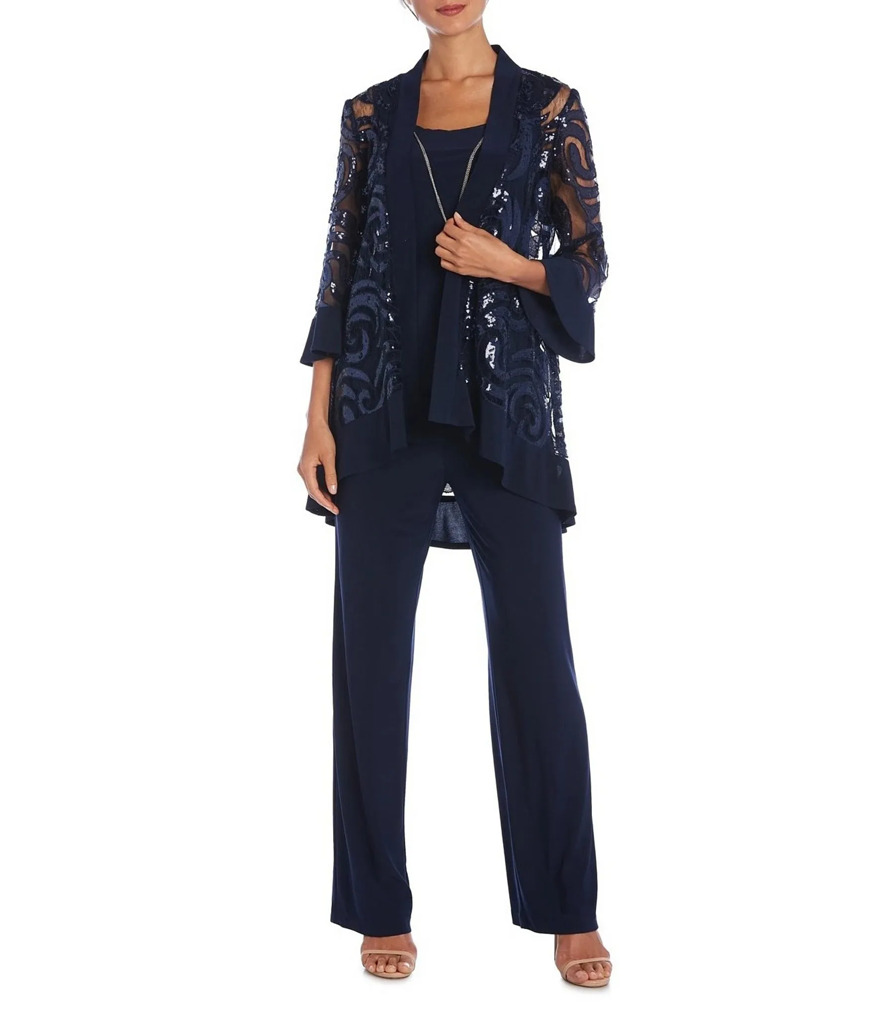 R&M Richards Scoop Neckline Top Sequin Jacket Straight Hemline Pant Suit Set Dress with Detachable Necklace