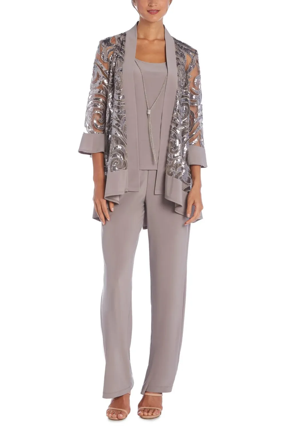 R&M Richards Scoop Neckline Top Sequin Jacket Straight Hemline Pant Suit Set Dress with Detachable Necklace