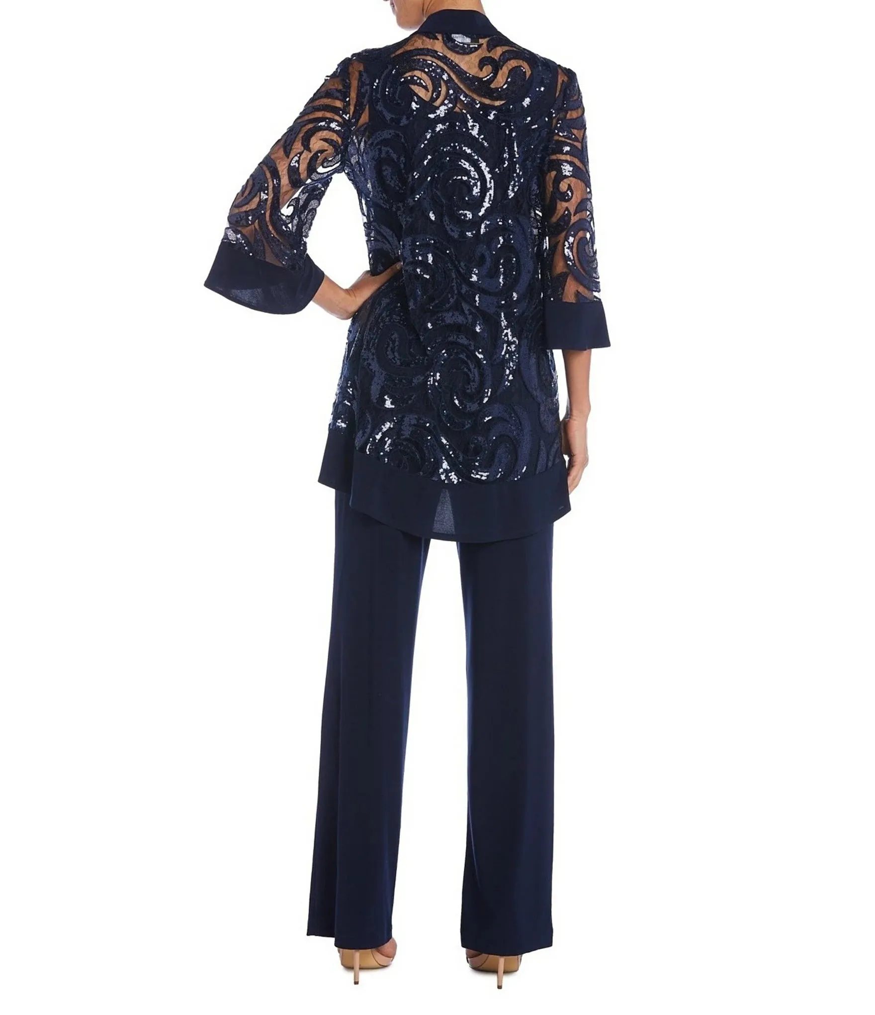 R&M Richards Scoop Neckline Top Sequin Jacket Straight Hemline Pant Suit Set Dress with Detachable Necklace