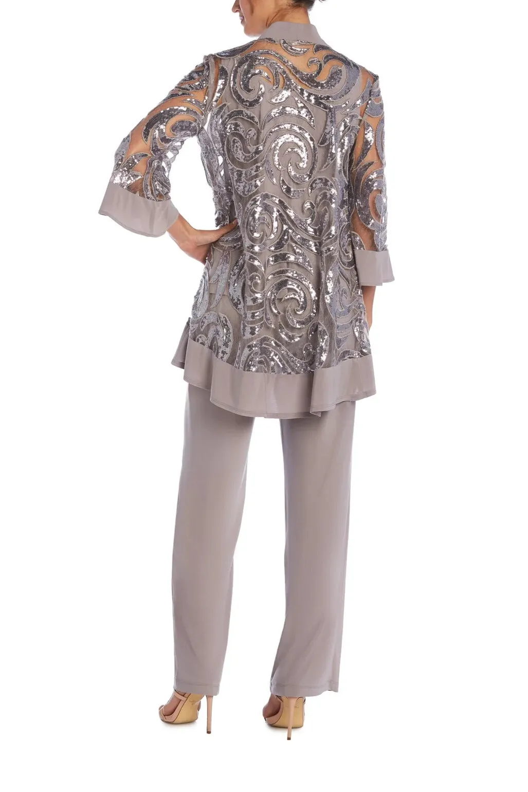 R&M Richards Scoop Neckline Top Sequin Jacket Straight Hemline Pant Suit Set Dress with Detachable Necklace