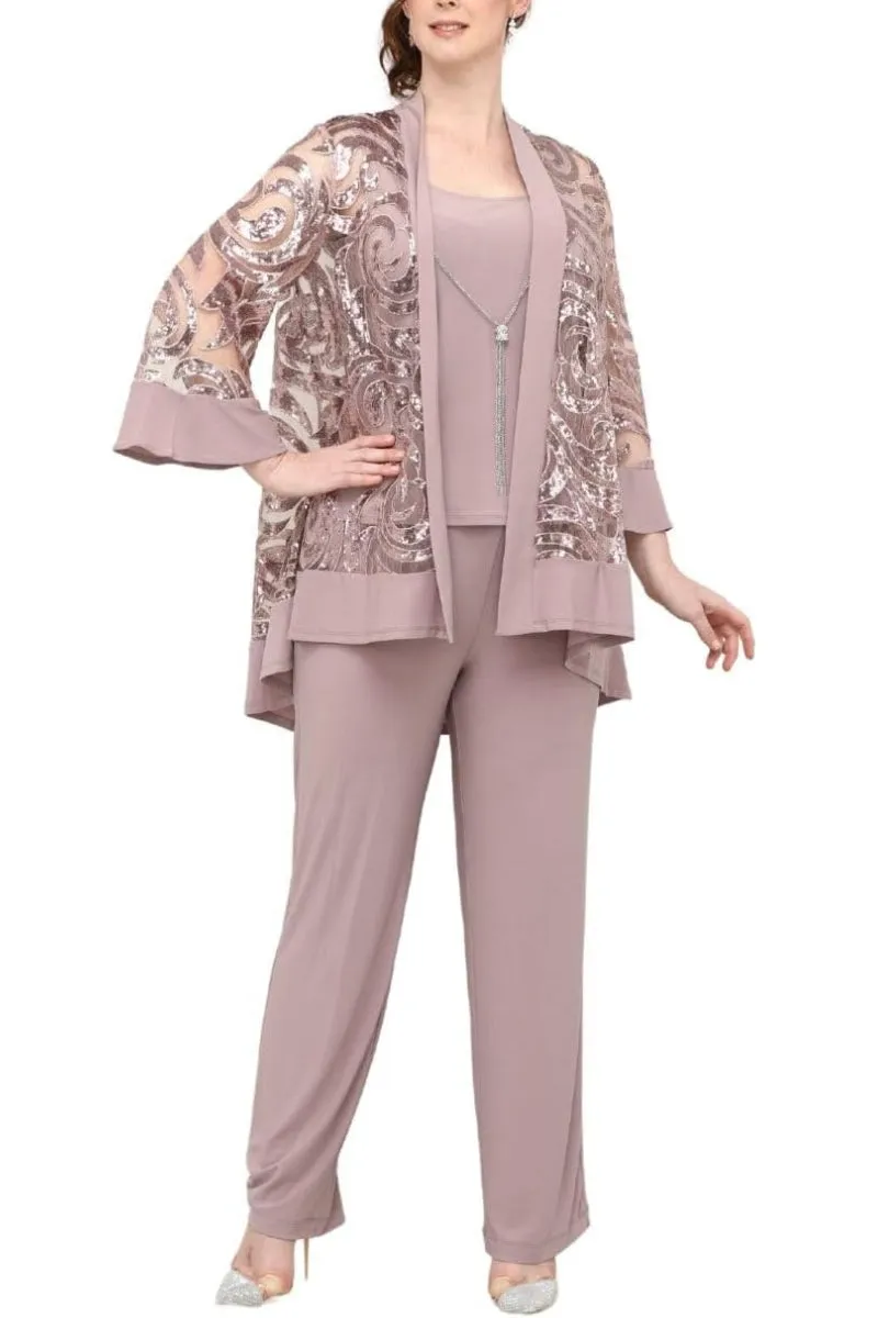R&M Richards Scoop Neckline Top Sequin Jacket Straight Hemline Pant Suit Set Dress with Detachable Necklace