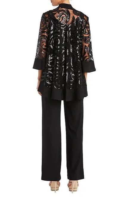 R&M Richards Scoop Neckline Top Sequin Jacket Straight Hemline Pant Suit Set Dress with Detachable Necklace