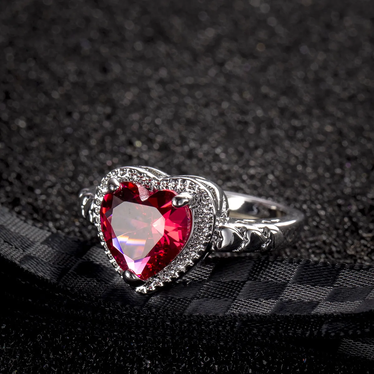 Rose Crystal & Silver-Plated Heart Ring