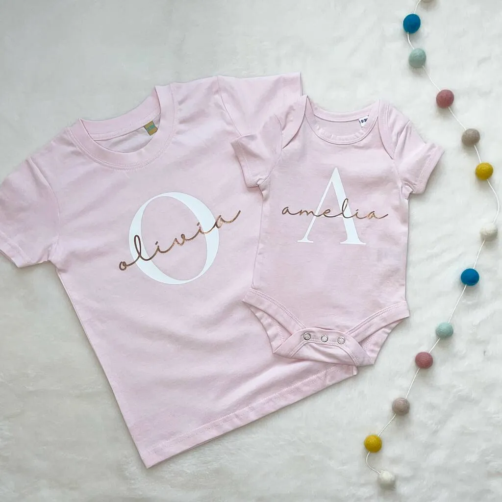 Rose Gold And Pink Personalised Girls T Shirt Set