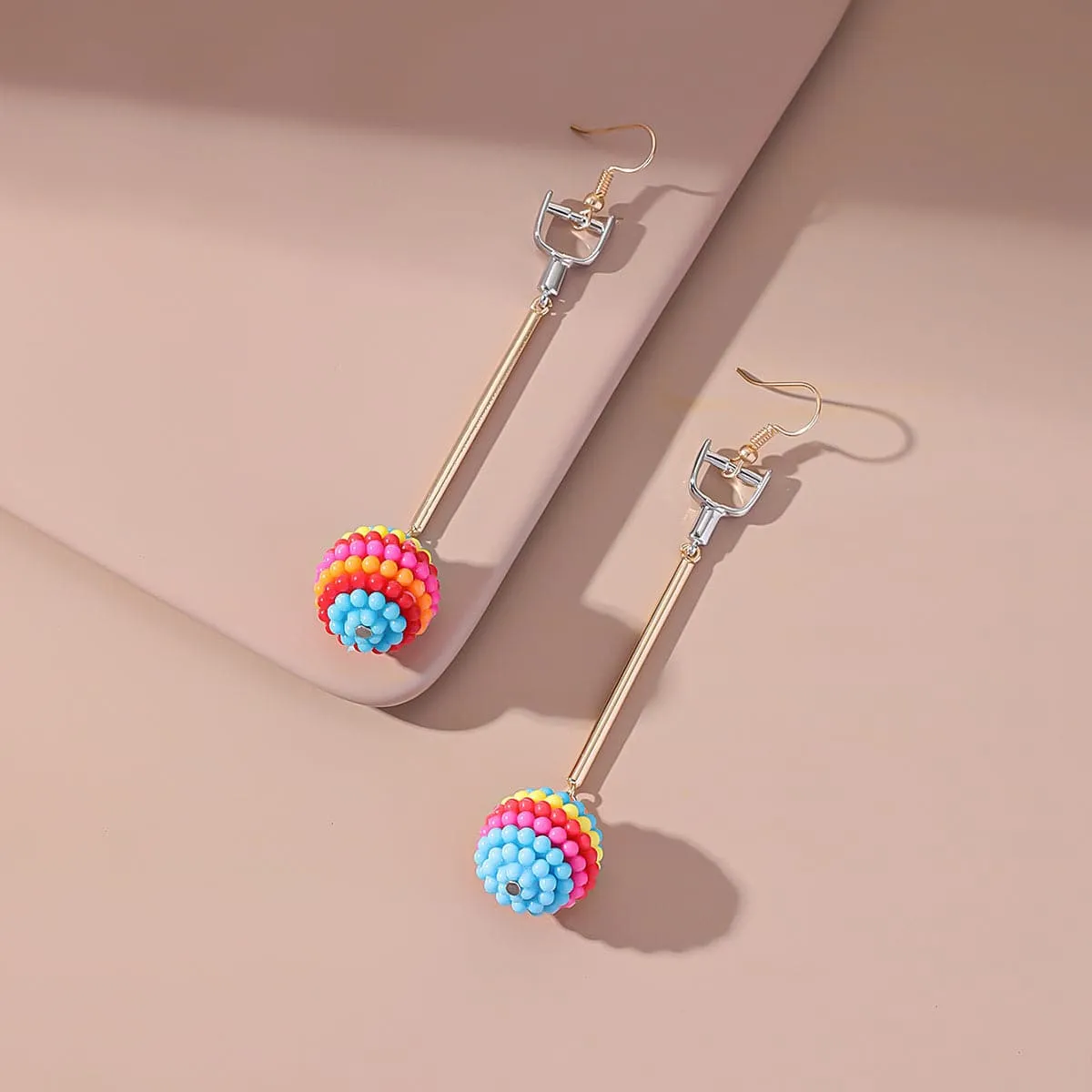Rose Red & Multicolor Ball Rod Drop Earrings