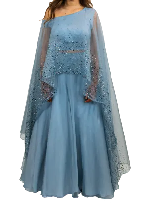 SAMPLE SALE: Baby Blue Shimmering Cape Lehenga