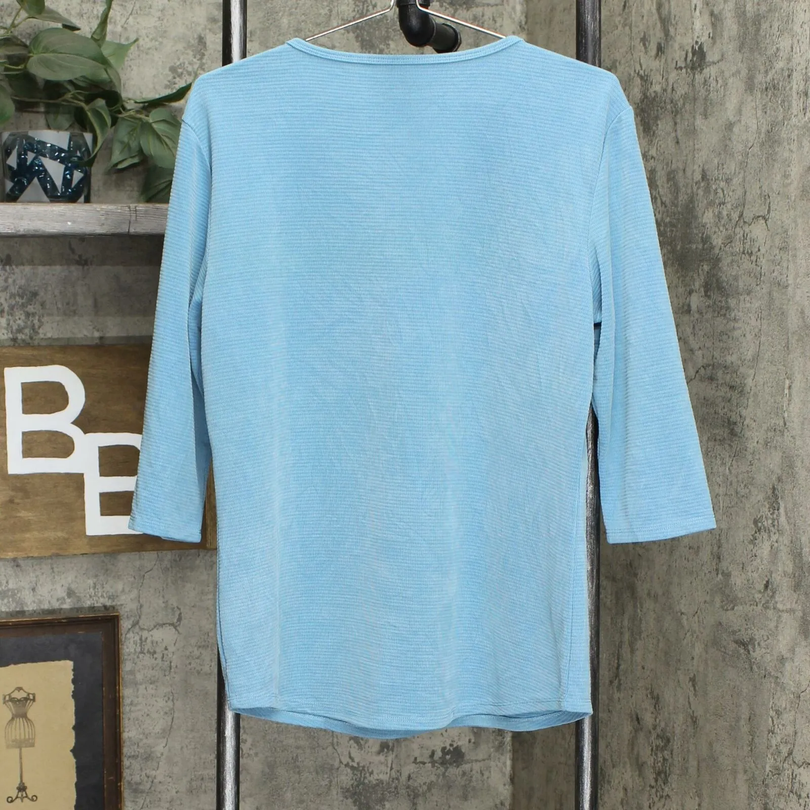 Seg'Ments Women's Essential 3/4 Sleeve V Neck Textured Knit Top Blue Large