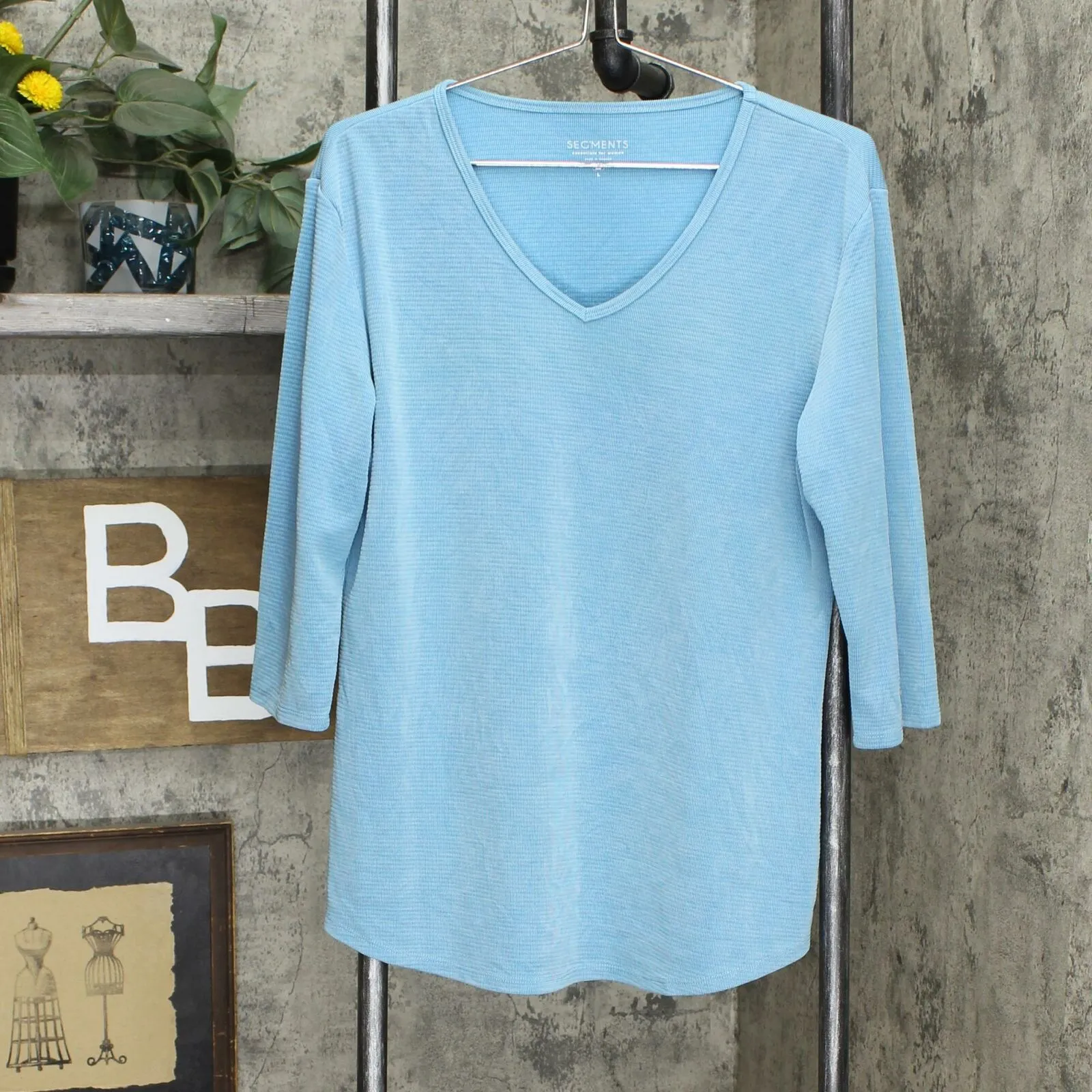 Seg'Ments Women's Essential 3/4 Sleeve V Neck Textured Knit Top Blue Large