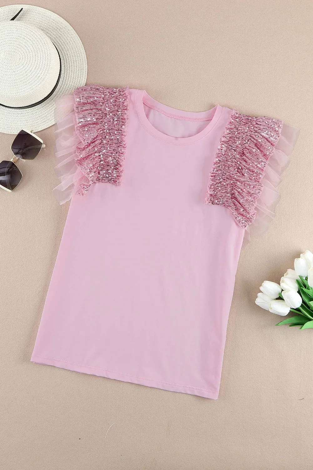 Sequined Ruffle Mesh Sleeves Top