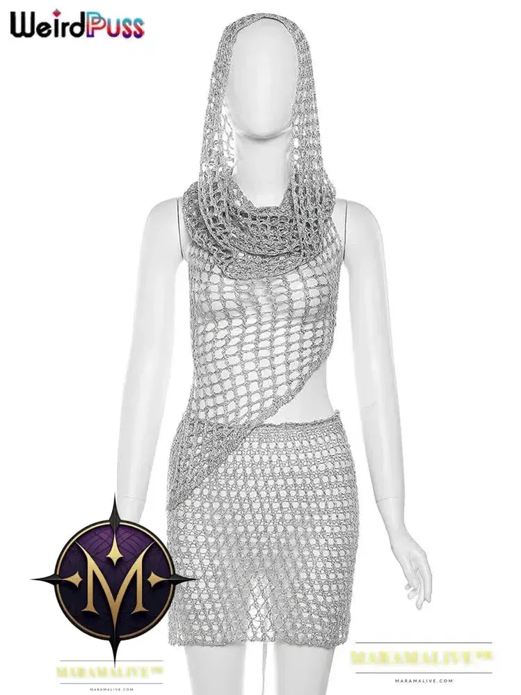 Sequins Women 2piece Set Sexy See Through Irregular Backless Hooded Tank Tops Peach Hip Skirts Midnight Clubwear Suit