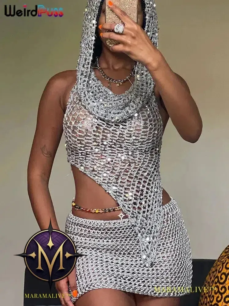 Sequins Women 2piece Set Sexy See Through Irregular Backless Hooded Tank Tops Peach Hip Skirts Midnight Clubwear Suit