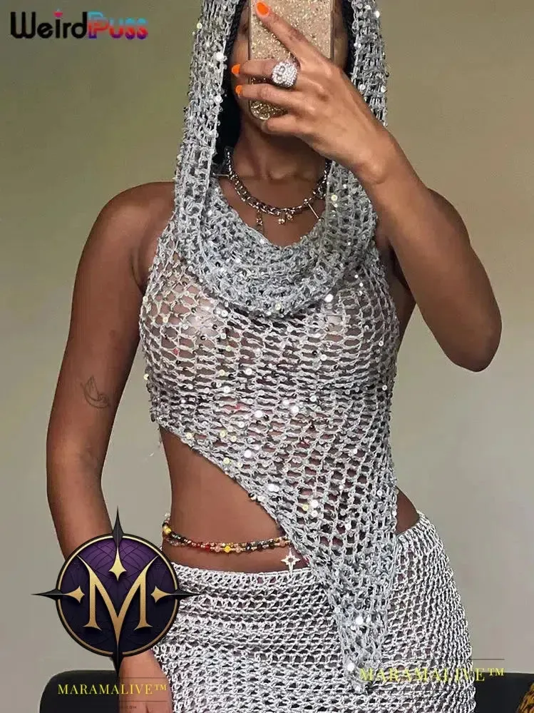 Sequins Women 2piece Set Sexy See Through Irregular Backless Hooded Tank Tops Peach Hip Skirts Midnight Clubwear Suit