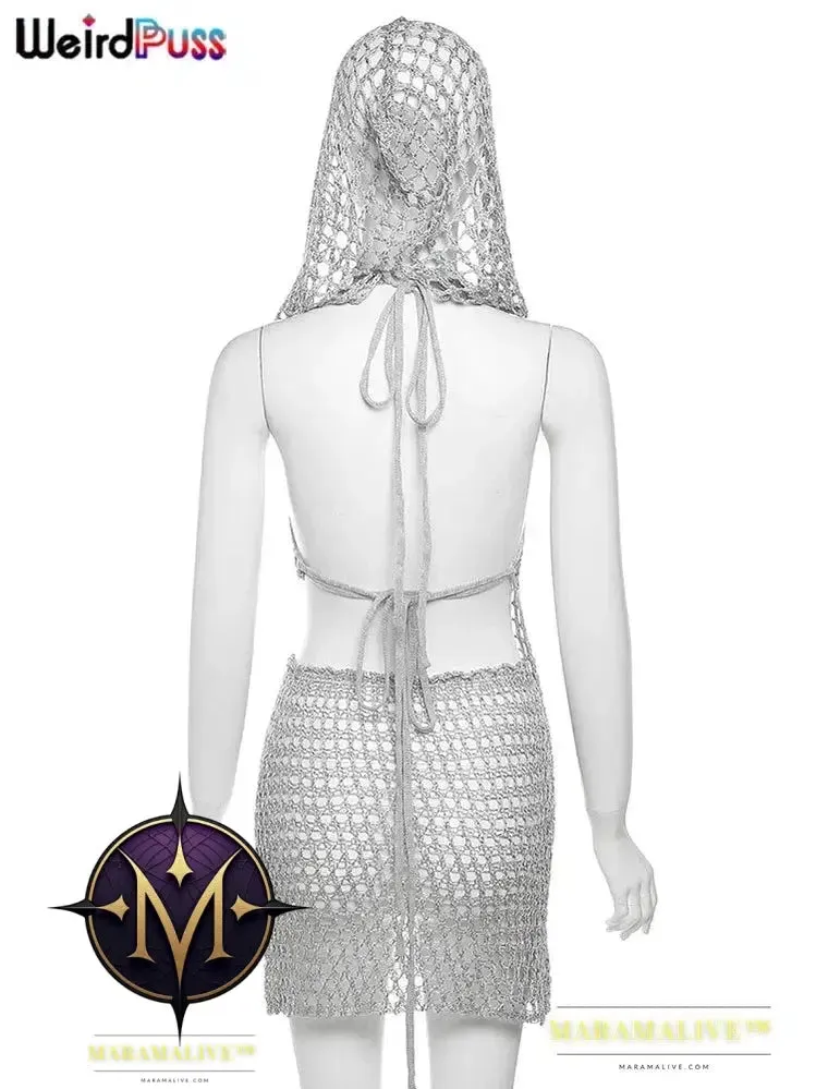 Sequins Women 2piece Set Sexy See Through Irregular Backless Hooded Tank Tops Peach Hip Skirts Midnight Clubwear Suit