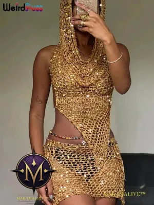 Sequins Women 2piece Set Sexy See Through Irregular Backless Hooded Tank Tops Peach Hip Skirts Midnight Clubwear Suit